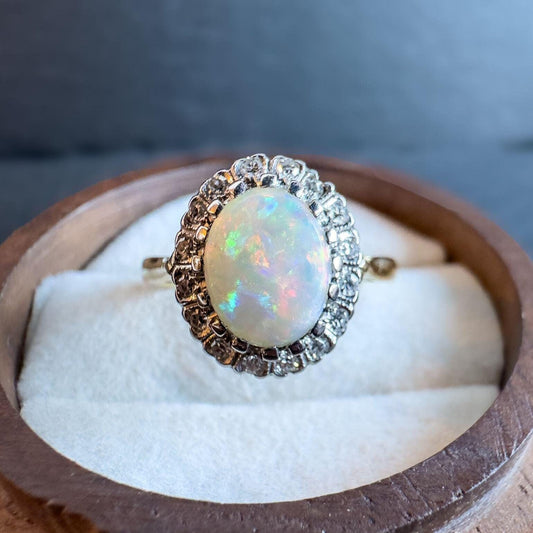 18ct Solid Gold Opal and Diamond Ring