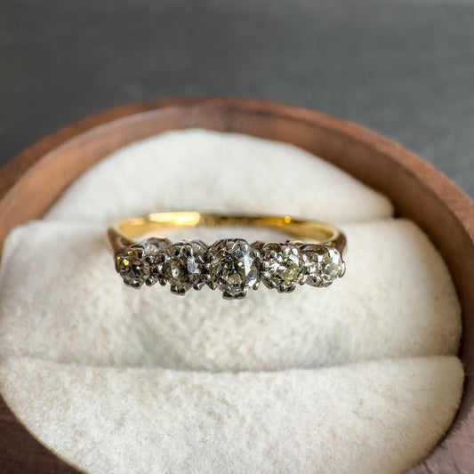 Stunning 18ct Solid Gold & Platinum Antique Diamond Ring with Five Old Mine Cut Stones | UK L - US 5.75 | Resizable |