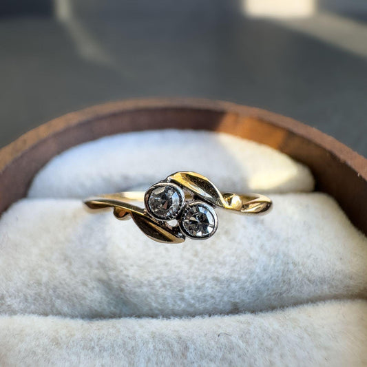 Antique 18ct Gold & Diamond Ring | Edwardian Era Design | Genuine Solid Gold | Unique Two-Stone Accent | UK J - US 4.75 | Resizable |