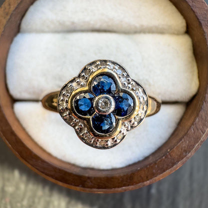 9ct Solid Gold Vintage Sapphire & Diamond Ring, Floral Cluster Design, Blue Sapphire and White Diamond Cocktail Ring | UK P - US 7.5