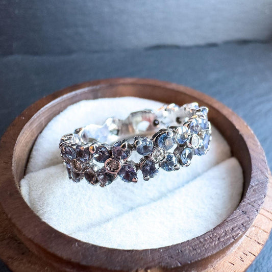 18ct Solid White Gold Vintage Iolite and Diamond Eternity Ring | Stunning Gemstone Band | UK R - US 8.5 | Iolite and Diamond Eternity Band |