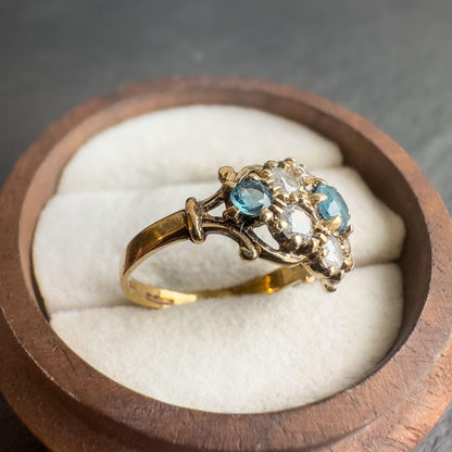 Vintage 9ct Solid Gold Topaz & Zirconia Cluster Ring | Blue Topaz Ring | Unique Gift | UK J - US 4.75 | English Hallmarks |