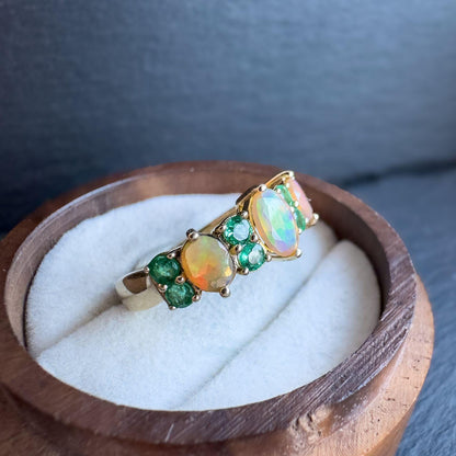 9ct Solid Gold Vintage Fire Opal and Emerald Ring | Vibrant Gemstone Band | Statement Jewelry | UK L - US 5.75 | English Hallmarked |