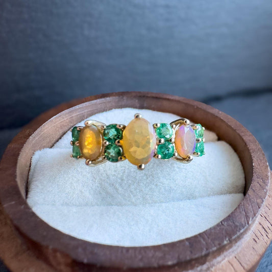9ct Solid Gold Vintage Fire Opal and Emerald Ring | Vibrant Gemstone Band | Statement Jewelry | UK L - US 5.75 | English Hallmarked |