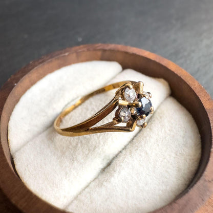 Vintage 9ct Gold Sapphire Ring | Elegant Quartz CZ Cluster | Solid Gold Statement Jewelry | English Hallmarks | UK M - US 6.25 |
