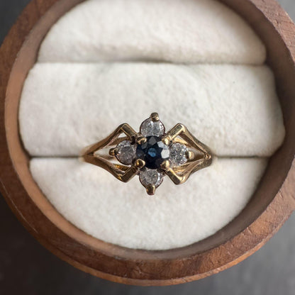 Vintage 9ct Gold Sapphire Ring | Elegant Quartz CZ Cluster | Solid Gold Statement Jewelry | English Hallmarks | UK M - US 6.25 |