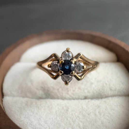 Vintage 9ct Gold Sapphire Ring | Elegant Quartz CZ Cluster | Solid Gold Statement Jewelry | English Hallmarks | UK M - US 6.25 |