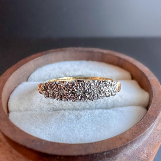 A Glamarous | Vintage | 9ct | 9k Gold | Five Stone Diamond Ring | Half Eternity Ring | English Hallmarks | UK O - US 7  Resizable |