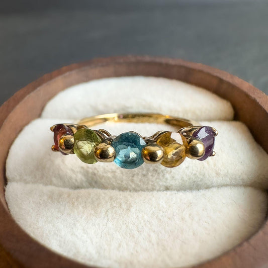 9ct Solid Gold Vintage Rainbow Ring | Multi-Gemstone Band | Amethyst, Peridot, Topaz, Citrine, Garnet | English Hallmarks | UK M - US 6.25