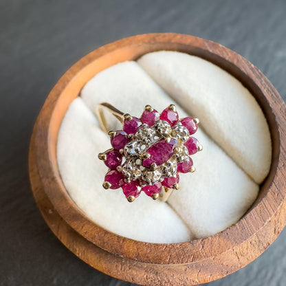 9ct Vintage Solid Gold Ruby and Diamond Cluster Ring | Bold Vintage Statement Jewelry | UK P- US 7.50 | English Hallmarked | Resizable |