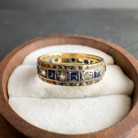9ct Vintage Solid Gold Sapphire and White Spinel Band Ring | Elegant Gemstone Eternity Ring | UK N - US 7 | Intricate Eternity Band |