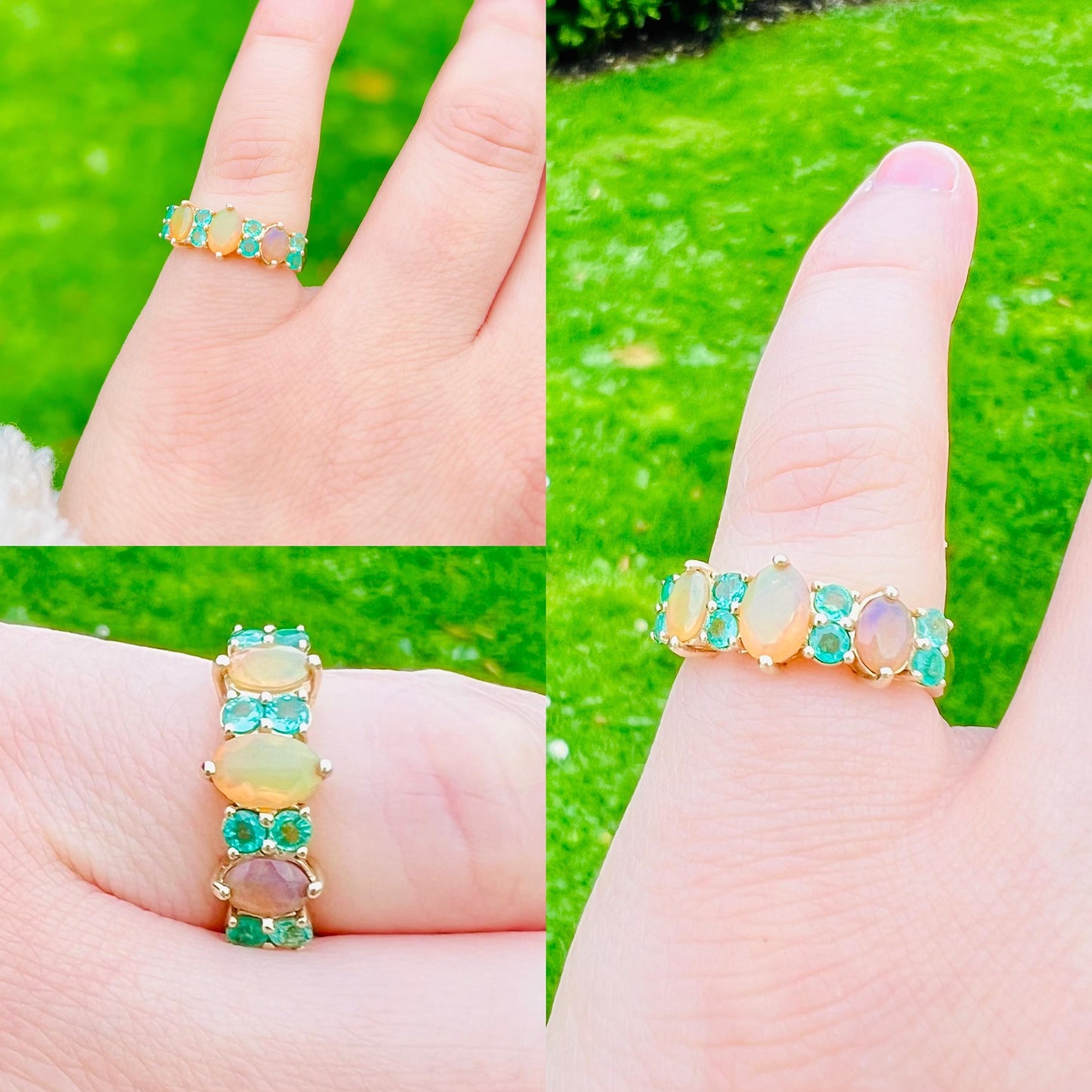 9ct Solid Gold Vintage Fire Opal and Emerald Ring | Vibrant Gemstone Band | Statement Jewelry | UK L - US 5.75 | English Hallmarked |