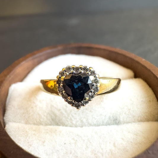 Vintage 9ct Solid Gold Heart Sapphire & Diamond Ring | UK M / US 6.25 | English Hallmarked | Elegant Cluster Design | Resizable |