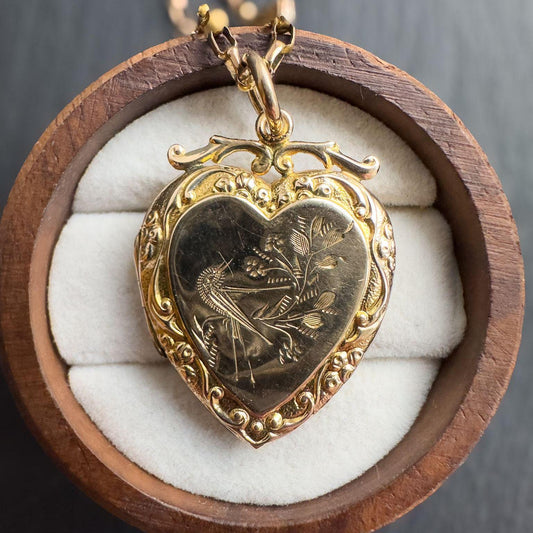 Antique 9ct Solid Gold | Victorian Engraved Heart Locket Pendant Necklace | Ornate Design | Solid Gold Belcher Chain |  Vintage Jewelry