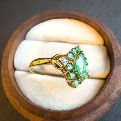 Vintage 9ct Solid Gold Emerald & Diamond Ring | Cluster Design | UK P - US 7.75 | Classic Green Gemstone Ring Gift for Her |