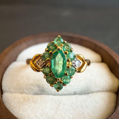 Vintage 9ct Solid Gold Emerald & Diamond Ring | Cluster Design | UK P - US 7.75 | Classic Green Gemstone Ring Gift for Her |
