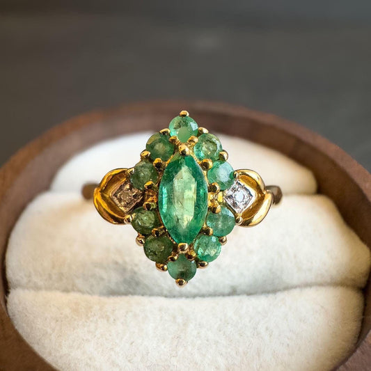 Vintage 9ct Solid Gold Emerald & Diamond Ring | Cluster Design | UK P - US 7.75 | Classic Green Gemstone Ring Gift for Her |