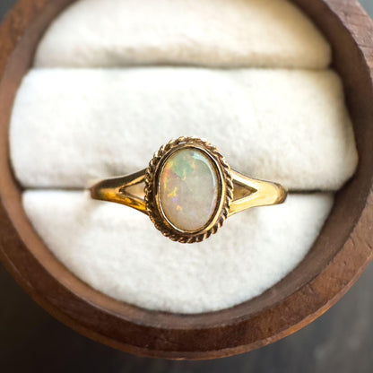 9ct Solid Gold Opal Ring | Vintage UK O US 7.25 | English Hallmarked Classic Gold Band with Oval Opal Gemstone | Unique Gift Jewelry |