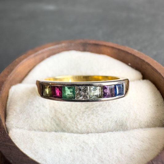 18ct Solid Gold Vintage Rainbow Gemstone Ring | Topaz, Ruby, Emerald, Diamond, Aquamarine, Amethyst, Sapphire, Ring | UK N / US 7 |