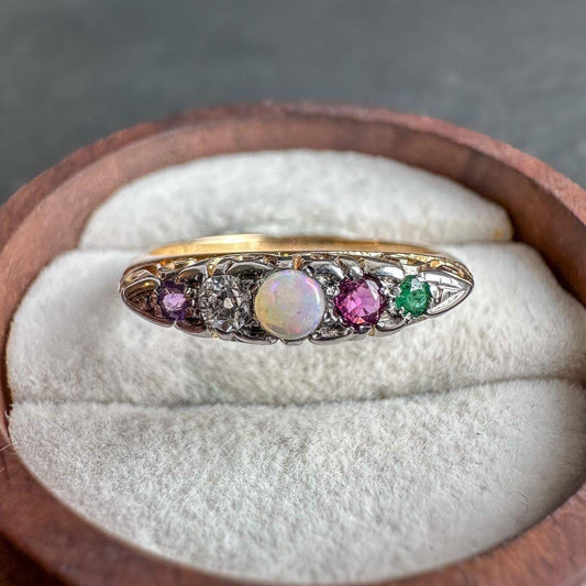 Antique Victorian 18ct Gold ADORE Ring | Opal, Diamond, Ruby, Emerald & Amethyst Gemstone Band | Unique Anniversary Gift | UK P - US 7.5