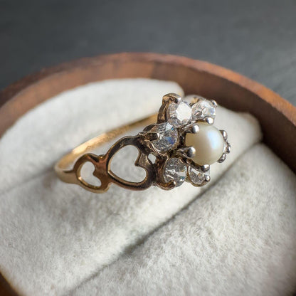9ct Solid Gold Pearl & Cubic Zirconia Flower Ring | Vintage Gold Statement Ring | Dainty Pearl Engagement Ring | Unique Gift for Her
