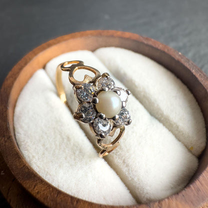 9ct Solid Gold Pearl & Cubic Zirconia Flower Ring | Vintage Gold Statement Ring | Dainty Pearl Engagement Ring | Unique Gift for Her
