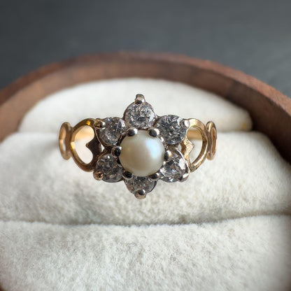 9ct Solid Gold Pearl & Cubic Zirconia Flower Ring | Vintage Gold Statement Ring | Dainty Pearl Engagement Ring | Unique Gift for Her