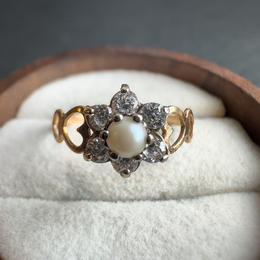9ct Solid Gold Pearl & Cubic Zirconia Flower Ring | Vintage Gold Statement Ring | Dainty Pearl Engagement Ring | Unique Gift for Her