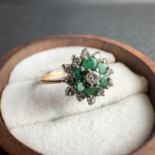 1980s Vintage 9ct Gold Emerald & Diamond Ring | Retro Cluster Flower Ring | Solid Gold Jewelry | May Birthstone Gift | English Hallmarked
