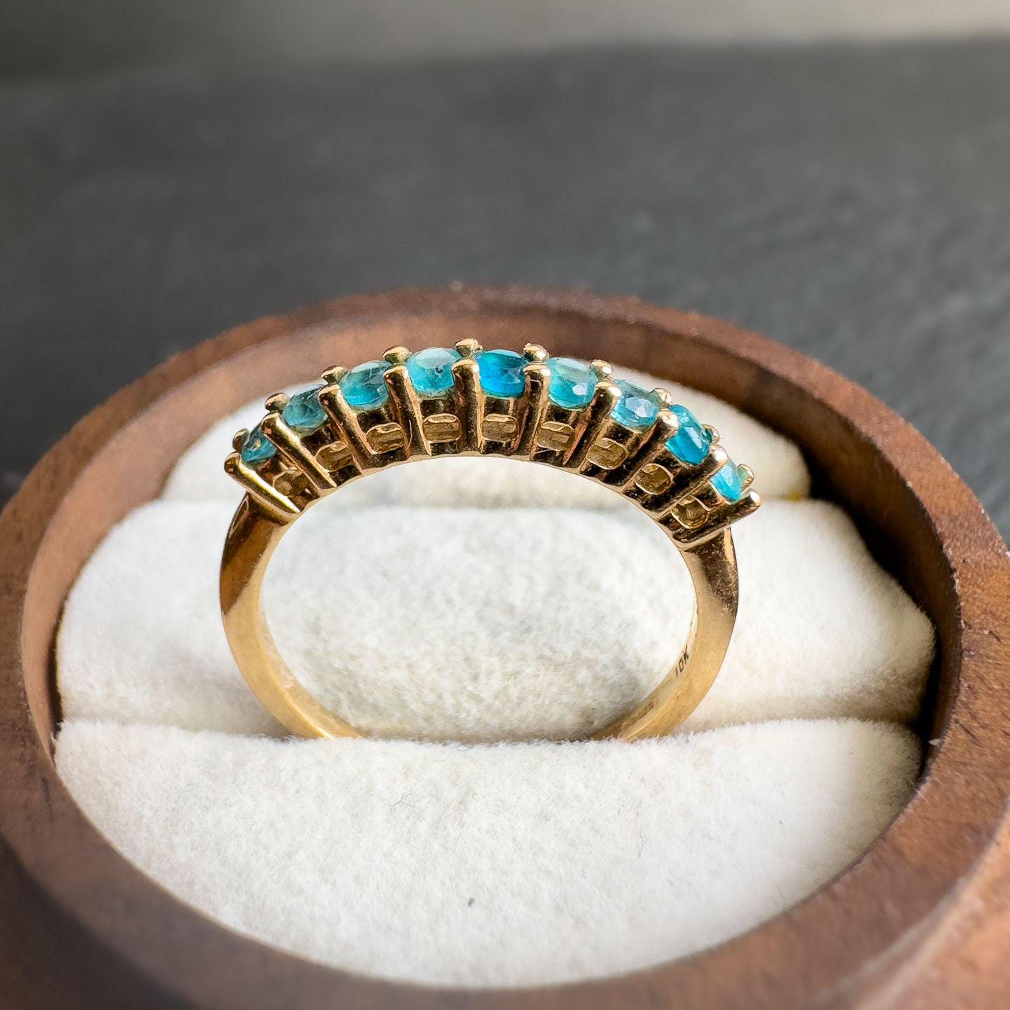 9ct Solid Gold Vintage | Apatite Half Eternity Ring | Stacking Ring | Teal Blue Gemstone Band | 9k Gold Apatite Ring | English Hallmarked