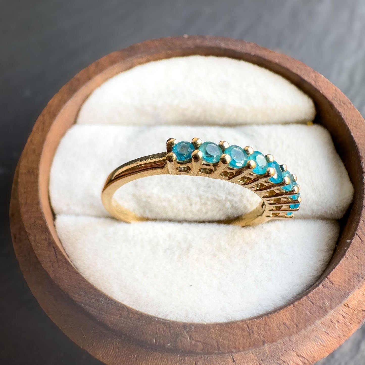 9ct Solid Gold Vintage | Apatite Half Eternity Ring | Stacking Ring | Teal Blue Gemstone Band | 9k Gold Apatite Ring | English Hallmarked