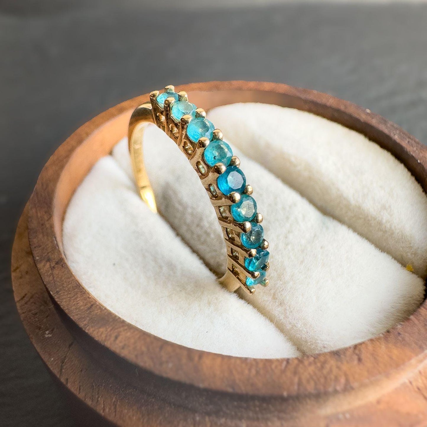 9ct Solid Gold Vintage | Apatite Half Eternity Ring | Stacking Ring | Teal Blue Gemstone Band | 9k Gold Apatite Ring | English Hallmarked