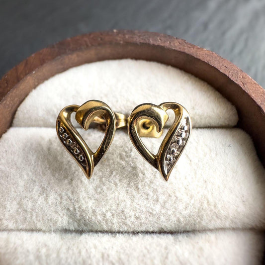 Vintage 9ct Gold Diamond Heart Earrings | Elegant Gold Heart Studs | 9K Gold & Diamond Earrings | Vintage Fine Jewelry Gift | Dainty Earring