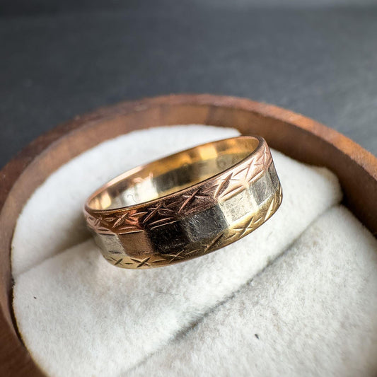 9ct Solid Gold Vintage Ring | Textured Three -Tone Gold Band | 9k Gold Men's or Women's Ring | English Hallmarked | UK N - US 6.75 |