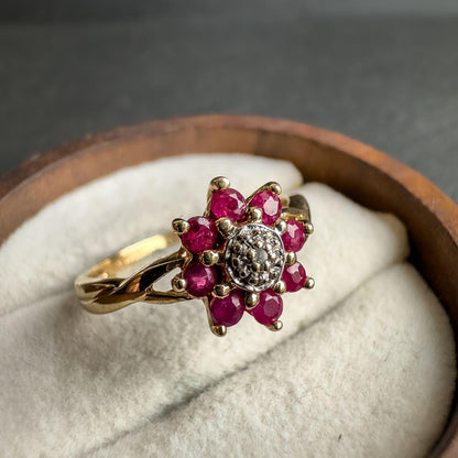 Vintage 9ct Solid Gold Ruby & Diamond Cluster Ring | Vintage Ruby and Diamond Flower Ring | 9ct Gold Jewelry | English Hallmarked | UK L |
