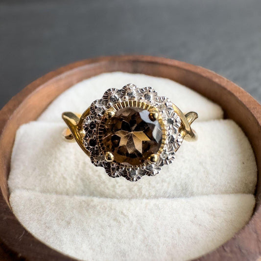 Stunning Vintage 9ct Solid Gold Smoky Quartz & Diamond Cluster Ring | Elegant Cocktail Ring | English Hallmarks | UK N - US 6.75 | Resizable