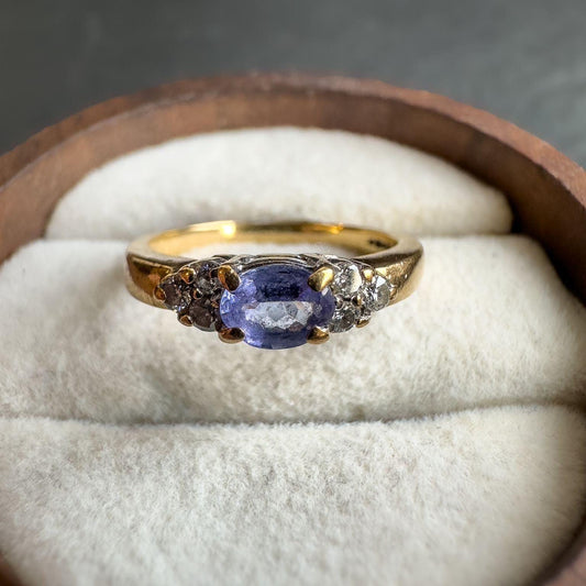 9ct Solid Gold Tanzanite & Diamond Ring Oval Cut Gemstone with Sparkling Diamond Accents in Elegant Gold Setting - UK H - US 3.75 -Resizable