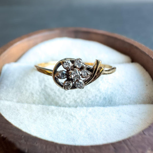 9ct Solid Gold Vintage Diamond Floral Ring | Intricate Design | Unique Antique Style Jewelry | UK N 1/2 - US 7 | English Hallmarked |