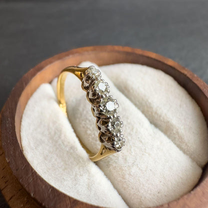 Stunning 18ct Solid Gold & Platinum Antique Diamond Ring with Five Old Mine Cut Stones | UK L - US 5.75 | Resizable |
