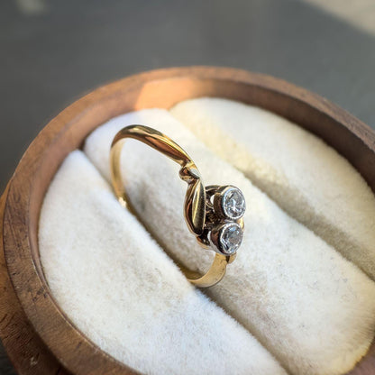Antique 18ct Gold & Diamond Ring | Edwardian Era Design | Genuine Solid Gold | Unique Two-Stone Accent | UK J - US 4.75 | Resizable |
