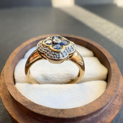 9ct Solid Gold Vintage Sapphire & Diamond Ring, Floral Cluster Design, Blue Sapphire and White Diamond Cocktail Ring | UK P - US 7.5