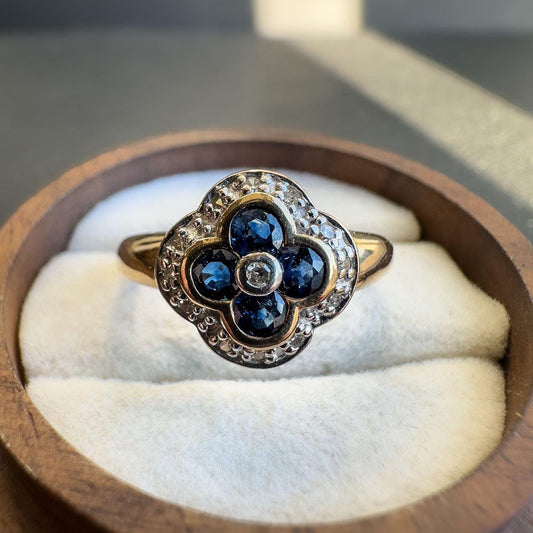 9ct Solid Gold Vintage Sapphire & Diamond Ring, Floral Cluster Design, Blue Sapphire and White Diamond Cocktail Ring | UK P - US 7.5