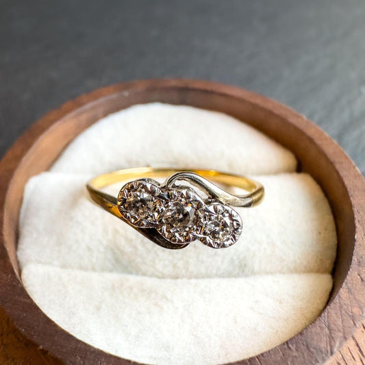15ct Solid Gold Antique Diamond Ring | Art Deco Style 3-Stone Design | Elegant Antique Jewelry Gift | UK Q - US 8 | Resizable |