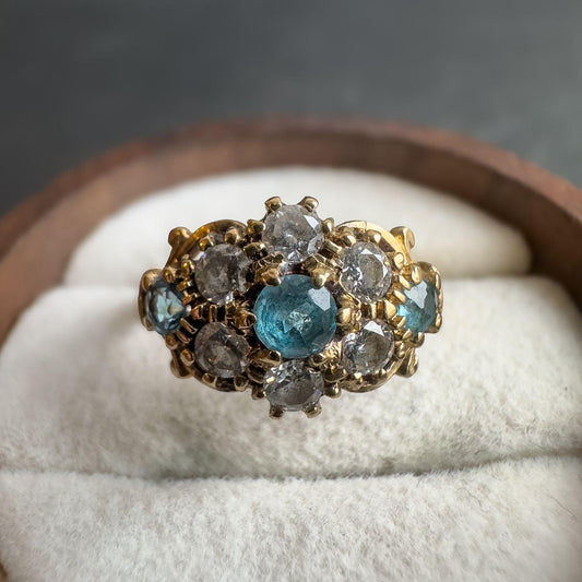 Vintage 9ct Solid Gold Topaz & Zirconia Cluster Ring | Blue Topaz Ring | Unique Gift | UK J - US 4.75 | English Hallmarks |