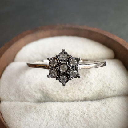 Vintage 9ct Solid White Gold Diamond Ring | Floral Cluster Design | Solid Gold Engagement Ring | UK P - US 7.5 | Resizable | Dainty Gift |