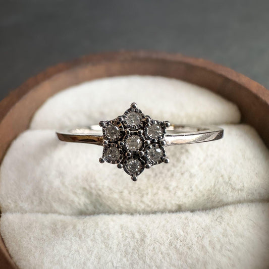 Vintage 9ct Solid White Gold Diamond Ring | Floral Cluster Design | Solid Gold Engagement Ring | UK P - US 7.5 | Resizable | Dainty Gift |