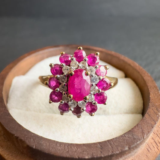 9ct Solid Gold Vintage Ruby & Diamond Cluster Ring | Floral Design | UK R - US 8.5 | English Hallmarked|Elegant Gemstone Jewelry | Resizable