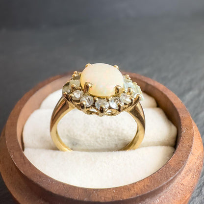 9ct Solid Gold Vintage Opal and Aquamarine Ring | UK P / US 8 |  English Hallmarked | Stunning Oval Opal with Aqua Accents | Resizable |