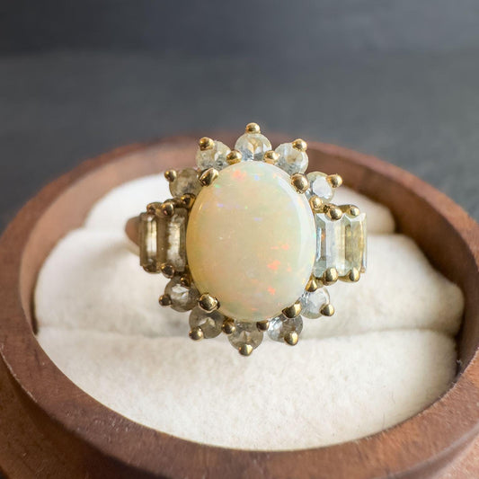 9ct Solid Gold Vintage Opal and Aquamarine Ring | UK P / US 8 |  English Hallmarked | Stunning Oval Opal with Aqua Accents | Resizable |