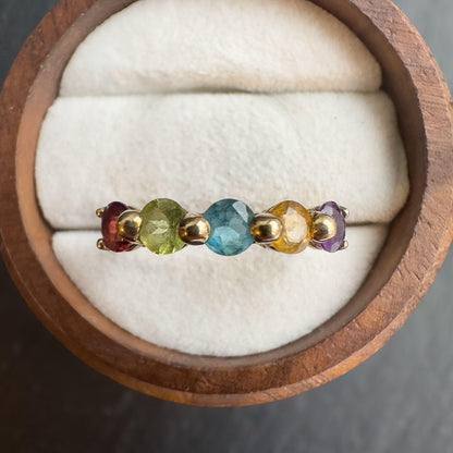 9ct Solid Gold Vintage Rainbow Ring | Multi-Gemstone Band | Amethyst, Peridot, Topaz, Citrine, Garnet | English Hallmarks | UK M - US 6.25